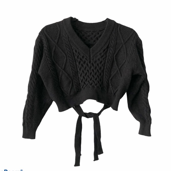 Sweaters - Chunky Crop V-neck Soft Sweater with back ties Sm